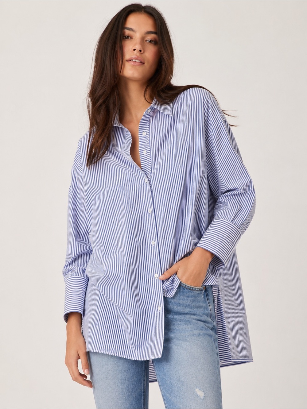 Free People Lakehouse Striped Oversized Button Down Shirt Blue White Medium - Picture 1 of 8